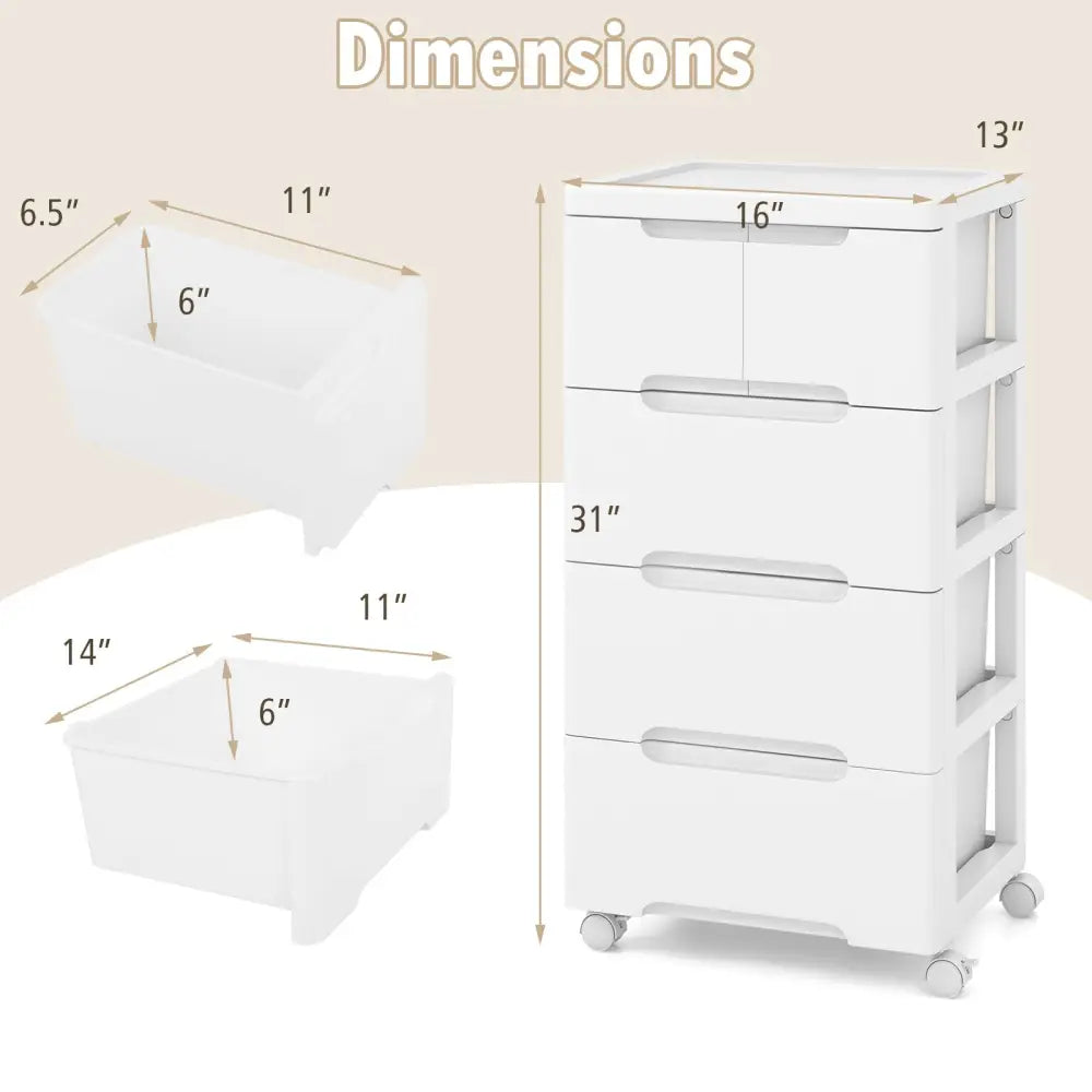 Rolling Storage Cabinet with Universal Wheels and 5/6/7 Drawers-5 Drawers - White - Dressers & Chests