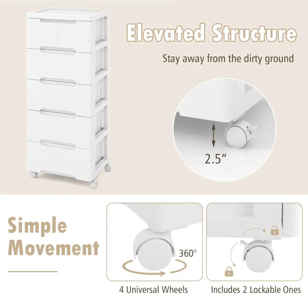 Rolling Storage Cabinet with Universal Wheels and 5/6/7 Drawers-6-Drawer - White - Dressers & Chests
