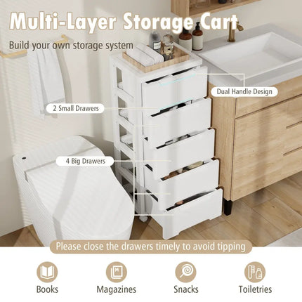 Rolling Storage Cabinet with Universal Wheels and 5/6/7 Drawers-6-Drawer - White - Dressers & Chests