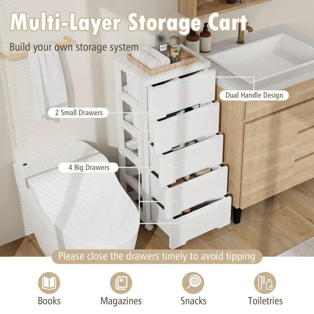 Rolling Storage Cabinet with Universal Wheels and 5/6/7 Drawers-6-Drawer - White - Dressers & Chests