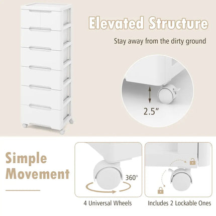Rolling Storage Cabinet with Universal Wheels and 5/6/7 Drawers-7-Drawer - White - Dressers & Chests