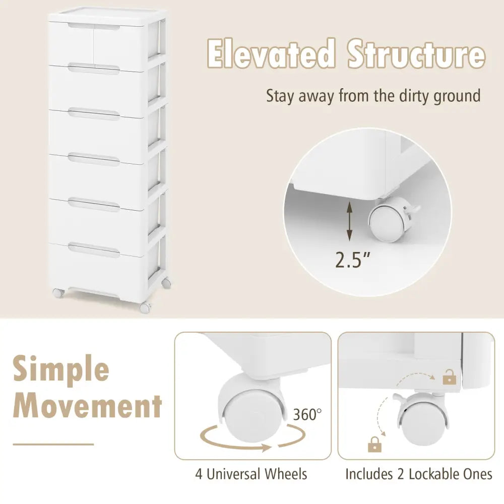 Rolling Storage Cabinet with Universal Wheels and 5/6/7 Drawers-7-Drawer - White - Dressers & Chests