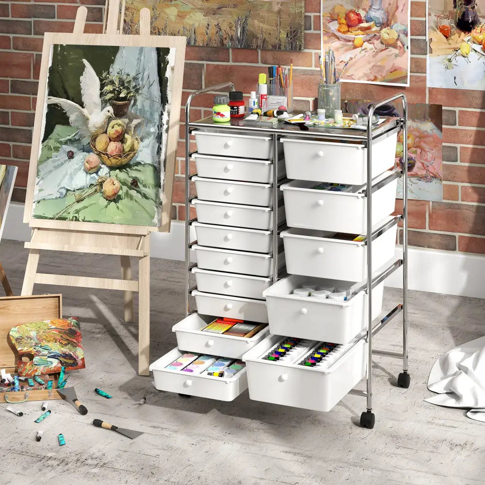 Rolling Storage Cart 15-Drawer Trolley with Chrome Plated Metal Frame-White - White - File Cabinets