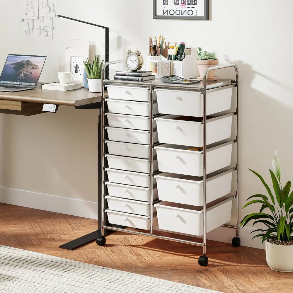 Rolling Storage Cart 15-Drawer Trolley with Chrome Plated Metal Frame-White - White - File Cabinets