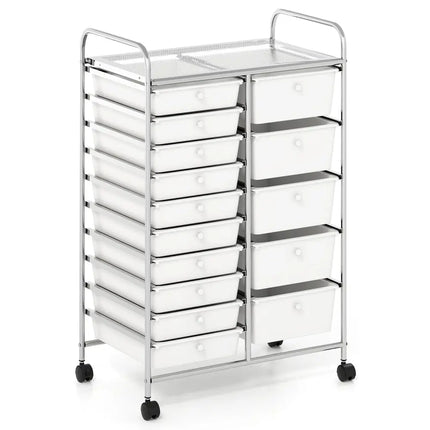 Rolling Storage Cart 15-Drawer Trolley with Chrome Plated Metal Frame-White - White - File Cabinets
