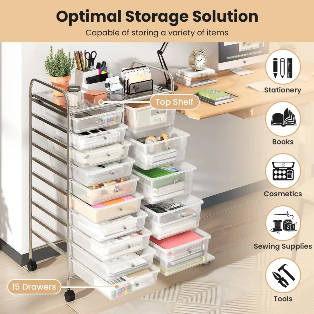 Rolling Storage Cart 15-Drawer Trolley with Chrome Plated Metal Frame-Transparent - Transparent - File Cabinets
