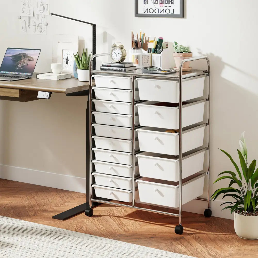 Rolling Storage Cart 15-Drawer Trolley with Chrome Plated Metal Frame-White - White - File Cabinets