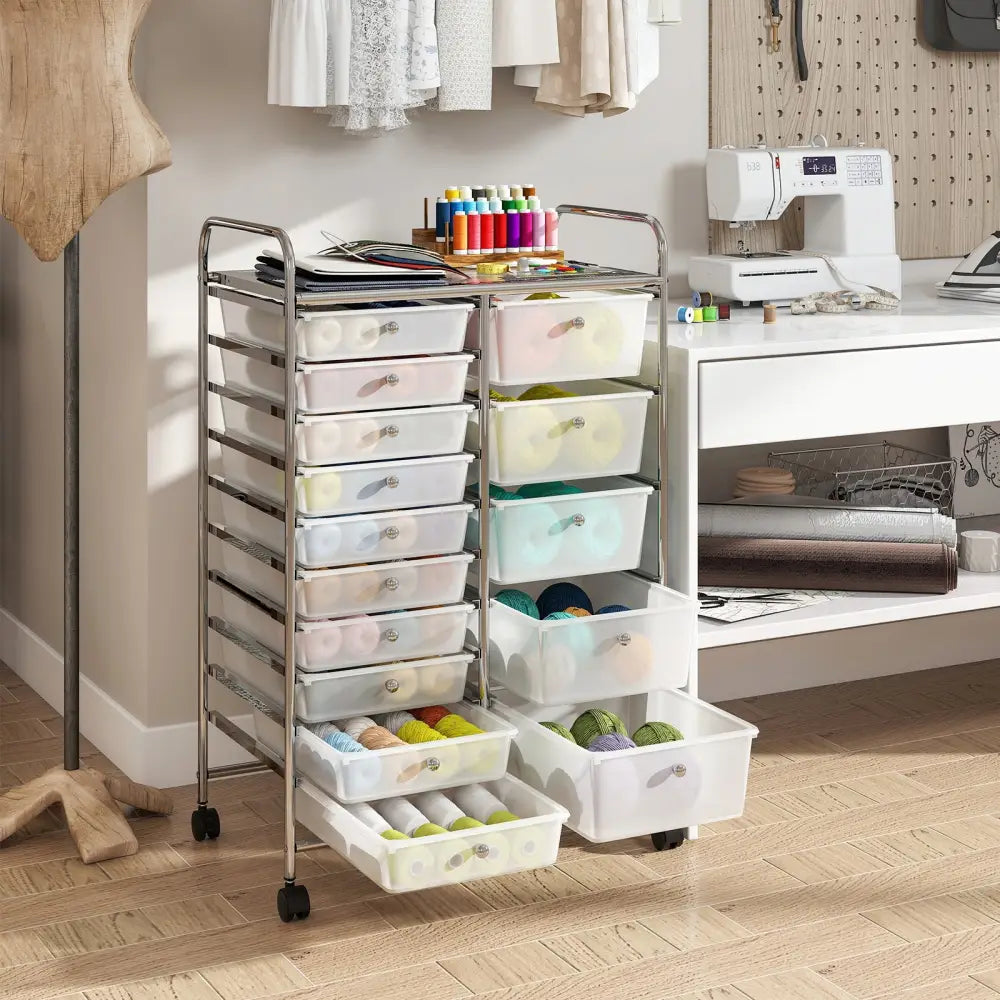 Rolling Storage Cart 15-Drawer Trolley with Chrome Plated Metal Frame-Transparent - Transparent - File Cabinets