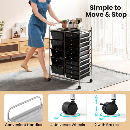 Rolling Storage Cart 15-Drawer Trolley with Chrome Plated Metal Frame-Black - Black - File Cabinets