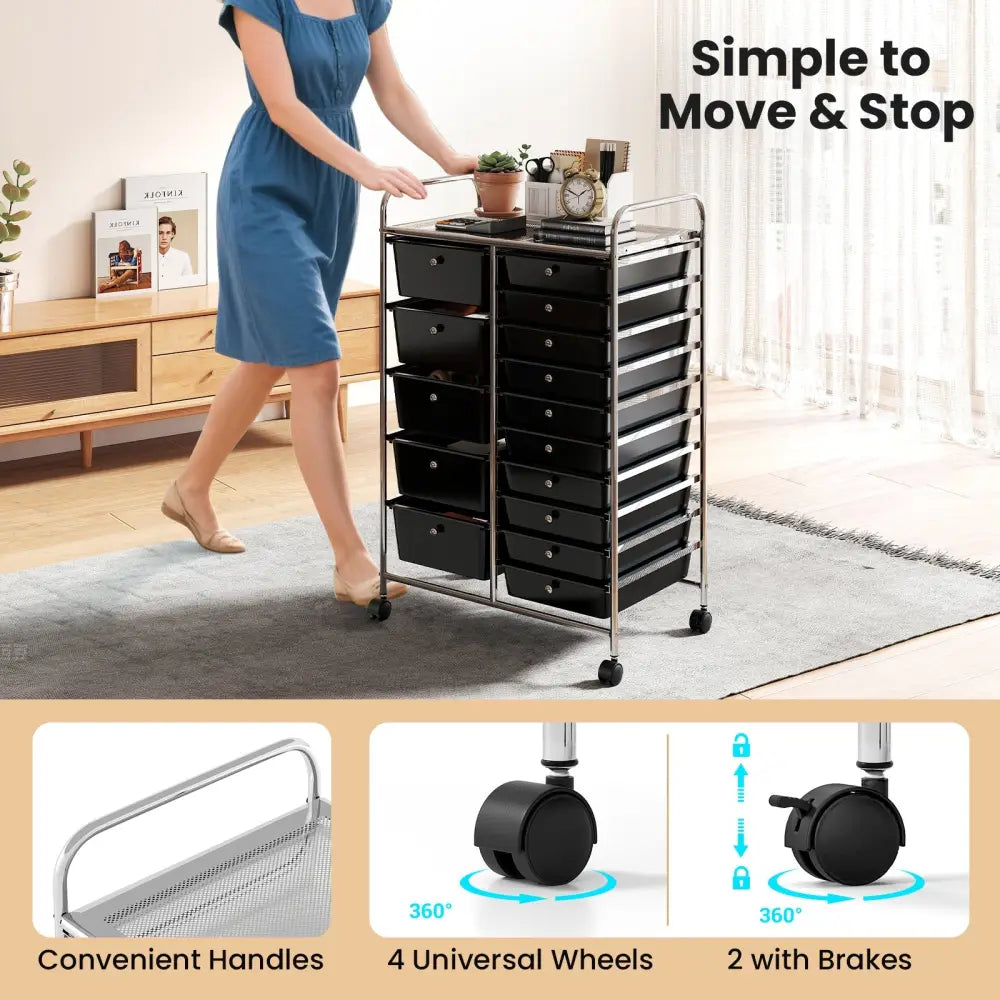 Rolling Storage Cart 15-Drawer Trolley with Chrome Plated Metal Frame-Black - Black - File Cabinets