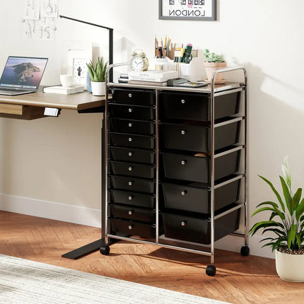 Rolling Storage Cart 15-Drawer Trolley with Chrome Plated Metal Frame-Black - Black - File Cabinets