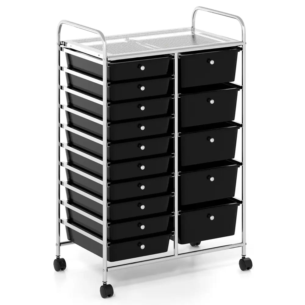 Rolling Storage Cart 15-Drawer Trolley with Chrome Plated Metal Frame-Black - Black - File Cabinets