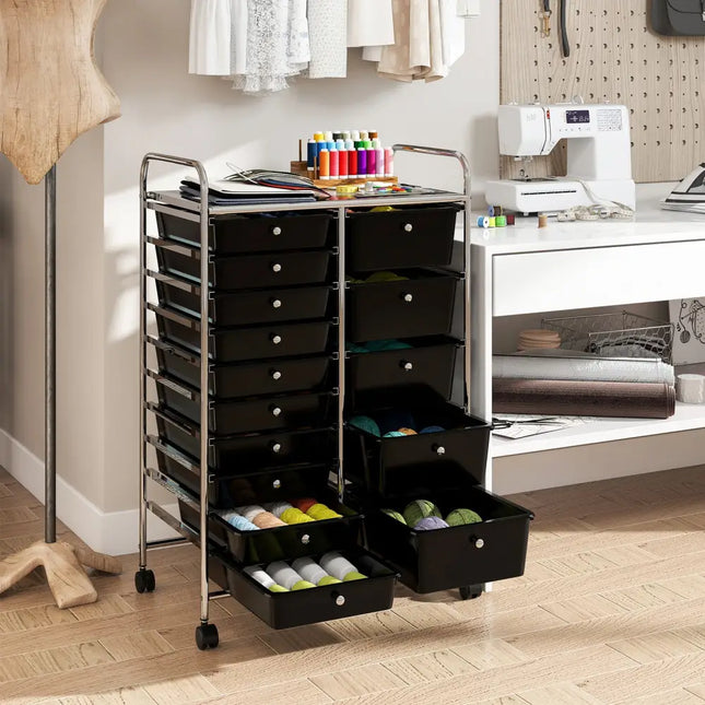 Rolling Storage Cart 15-Drawer Trolley with Chrome Plated Metal Frame-Black - Black - File Cabinets