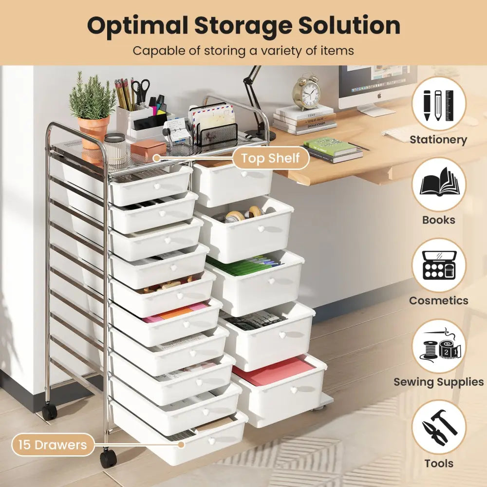 Rolling Storage Cart 15-Drawer Trolley with Chrome Plated Metal Frame-White - White - File Cabinets