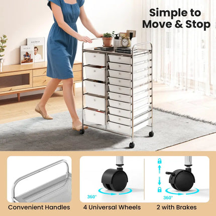 Rolling Storage Cart 15-Drawer Trolley with Chrome Plated Metal Frame-White - White - File Cabinets