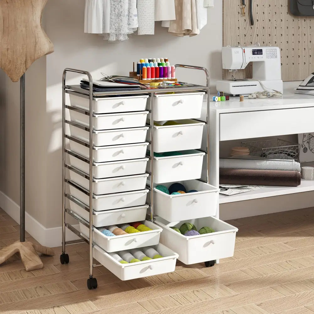 Rolling Storage Cart 15-Drawer Trolley with Chrome Plated Metal Frame-White - White - File Cabinets
