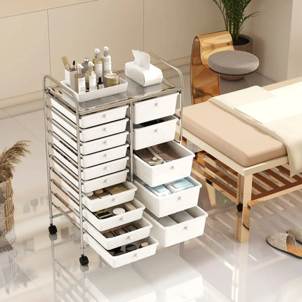 Rolling Storage Cart 15-Drawer Trolley with Chrome Plated Metal Frame-White - White - File Cabinets