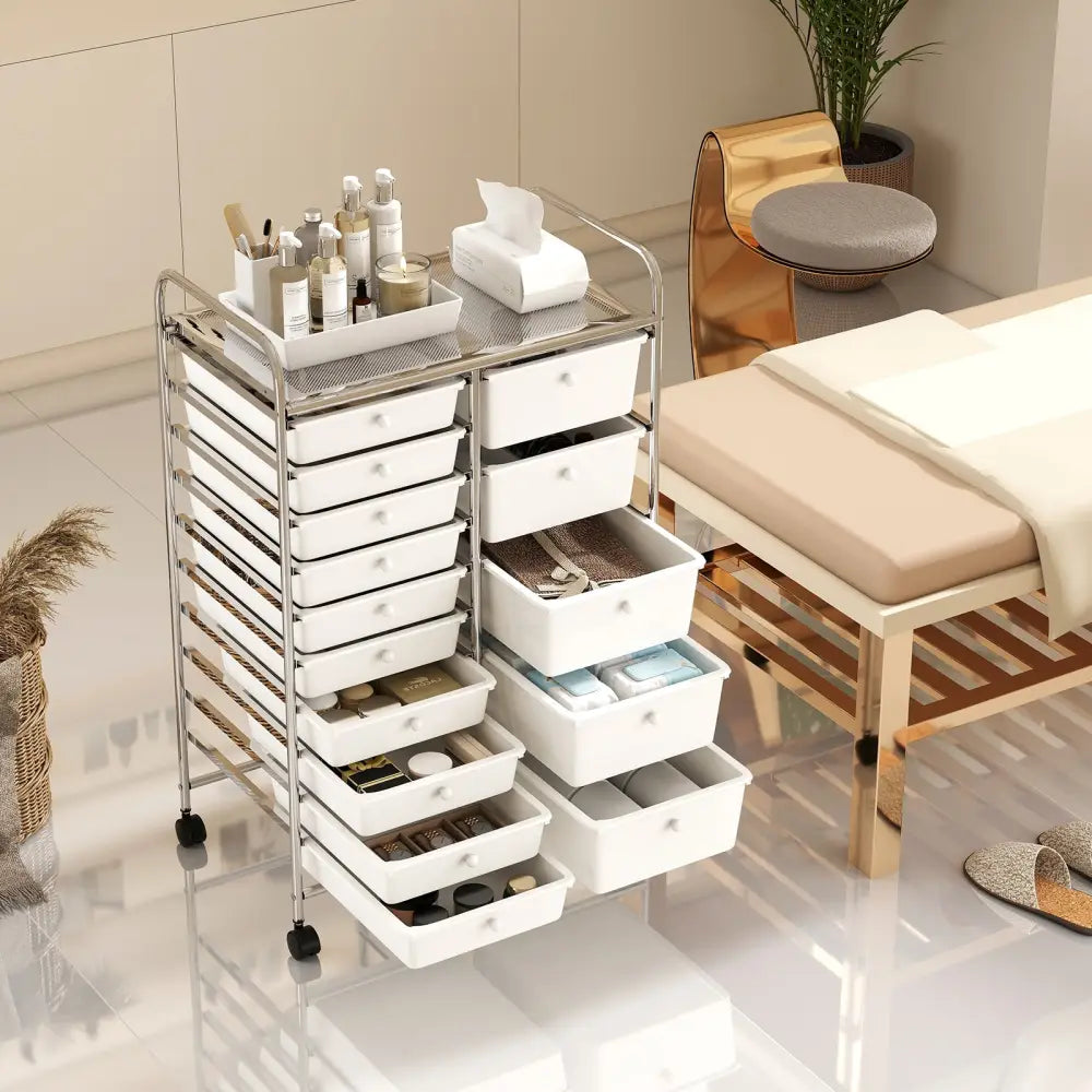 Rolling Storage Cart 15-Drawer Trolley with Chrome Plated Metal Frame-White - White - File Cabinets
