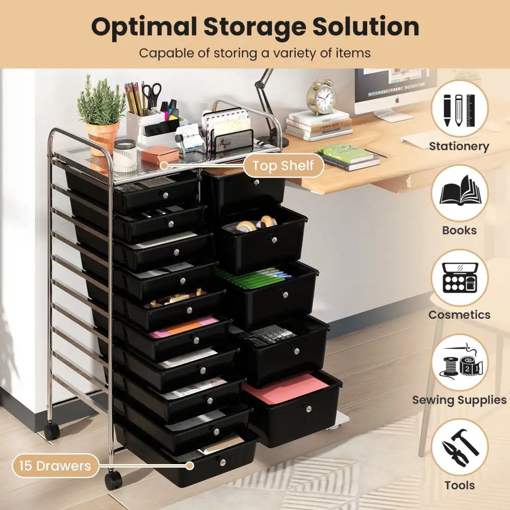 Rolling Storage Cart 15-Drawer Trolley with Chrome Plated Metal Frame-Black - Black - File Cabinets