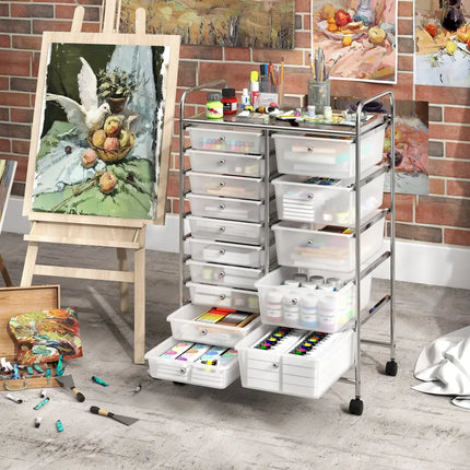 Rolling Storage Cart 15-Drawer Trolley with Chrome Plated Metal Frame-Transparent - Transparent - File Cabinets