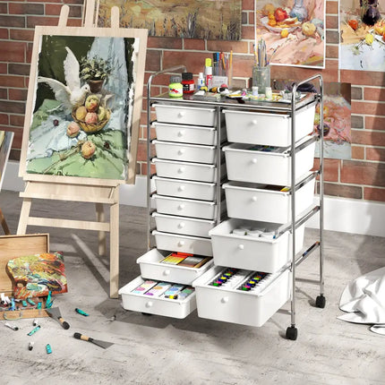 Rolling Storage Cart 15-Drawer Trolley with Chrome Plated Metal Frame-White - White - File Cabinets