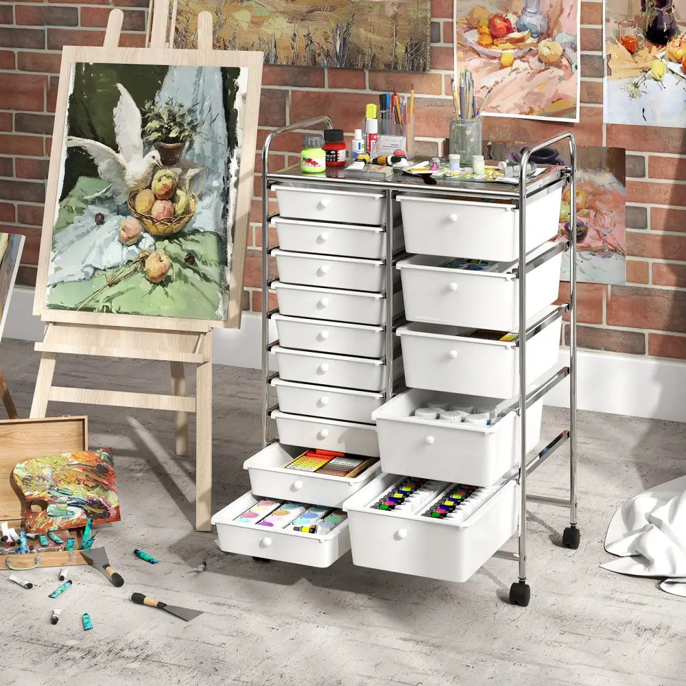 Rolling Storage Cart 15-Drawer Trolley with Chrome Plated Metal Frame-White - White - File Cabinets
