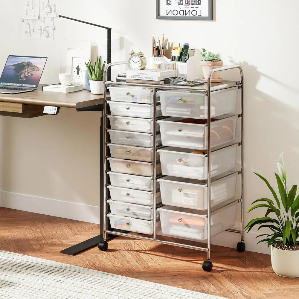 Rolling Storage Cart 15-Drawer Trolley with Chrome Plated Metal Frame-Transparent - Transparent - File Cabinets