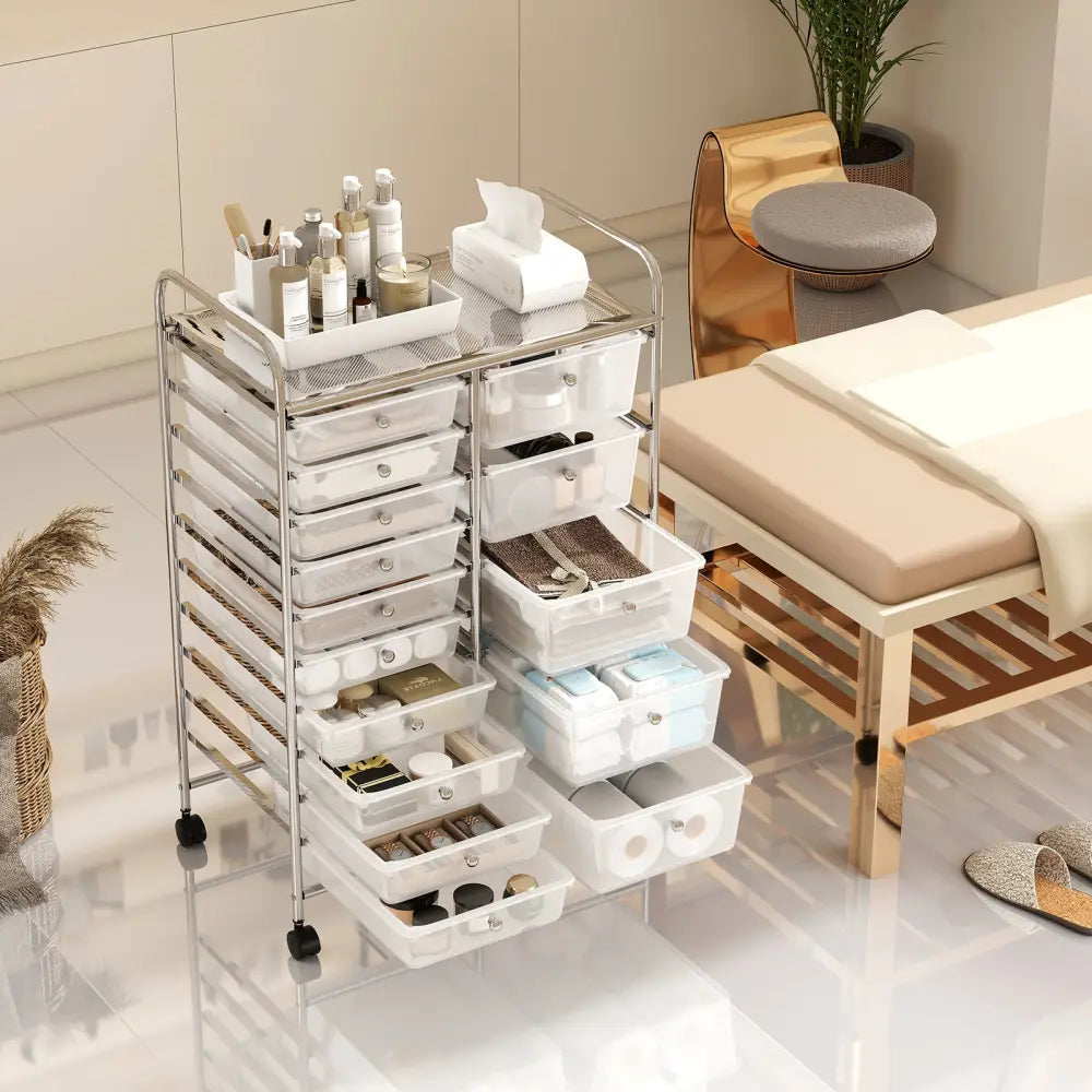 Rolling Storage Cart 15-Drawer Trolley with Chrome Plated Metal Frame-Transparent - Transparent - File Cabinets