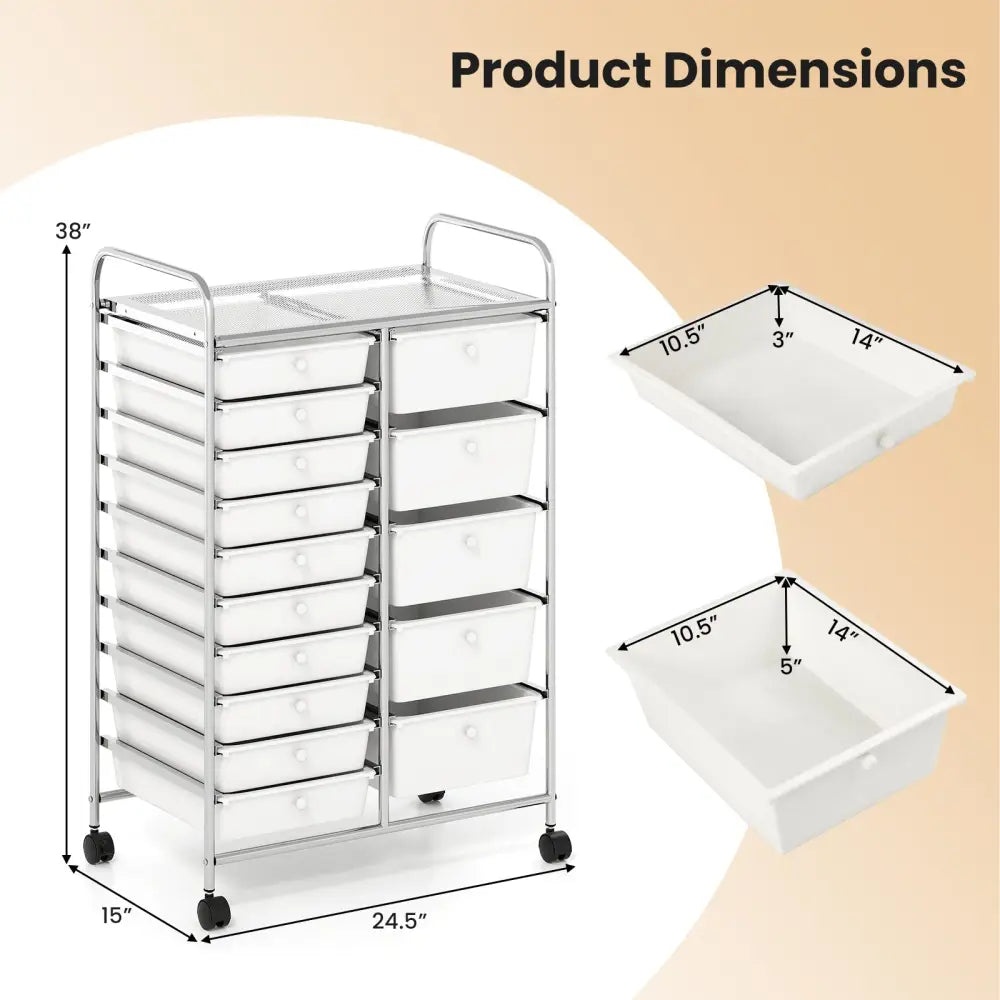 Rolling Storage Cart 15-Drawer Trolley with Chrome Plated Metal Frame-White - White - File Cabinets