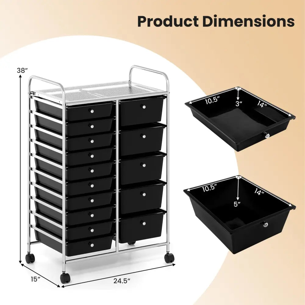 Rolling Storage Cart 15-Drawer Trolley with Chrome Plated Metal Frame-Black - Black - File Cabinets