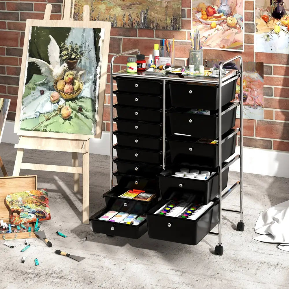 Rolling Storage Cart 15-Drawer Trolley with Chrome Plated Metal Frame-Black - Black - File Cabinets