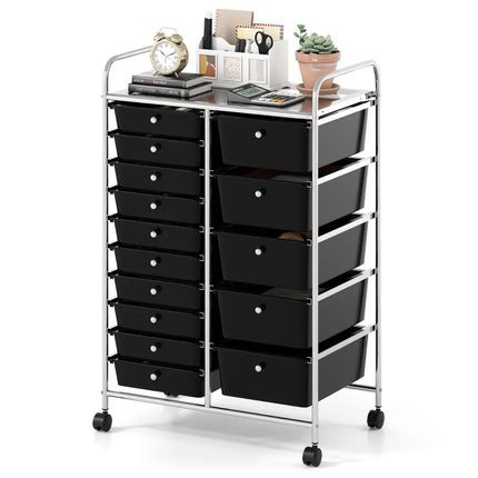 Rolling Storage Cart 15-Drawer Trolley with Chrome Plated Metal Frame-Black - Black - File Cabinets