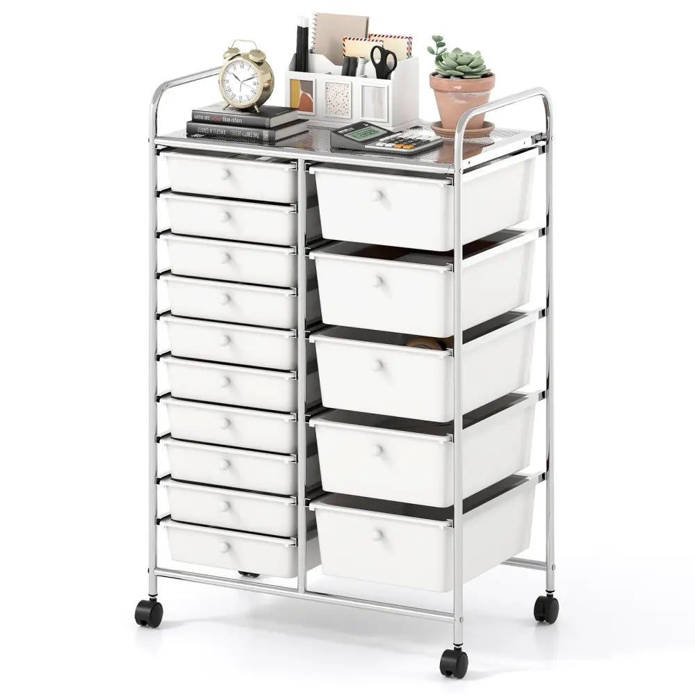 Rolling Storage Cart 15-Drawer Trolley with Chrome Plated Metal Frame-White - White - File Cabinets