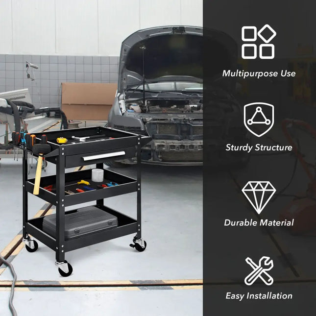 Rolling Tool Cart Mechanic Cabinet Storage ToolBox Organizer with Drawer-Black - Black - Garages