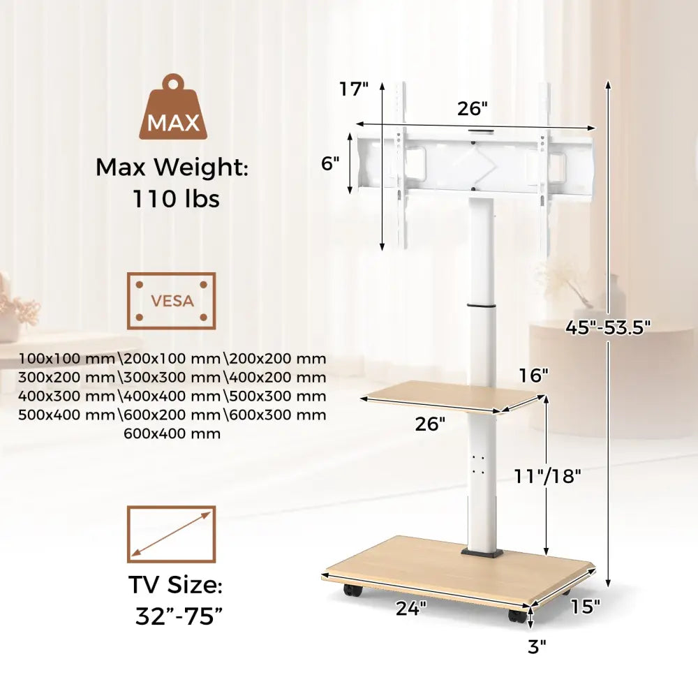 Rolling TV Stand on Wheels Mobile TV Cart for 32-75 Inch TVs Portable AV Cart-Natural - Natural - Entertainment Centers