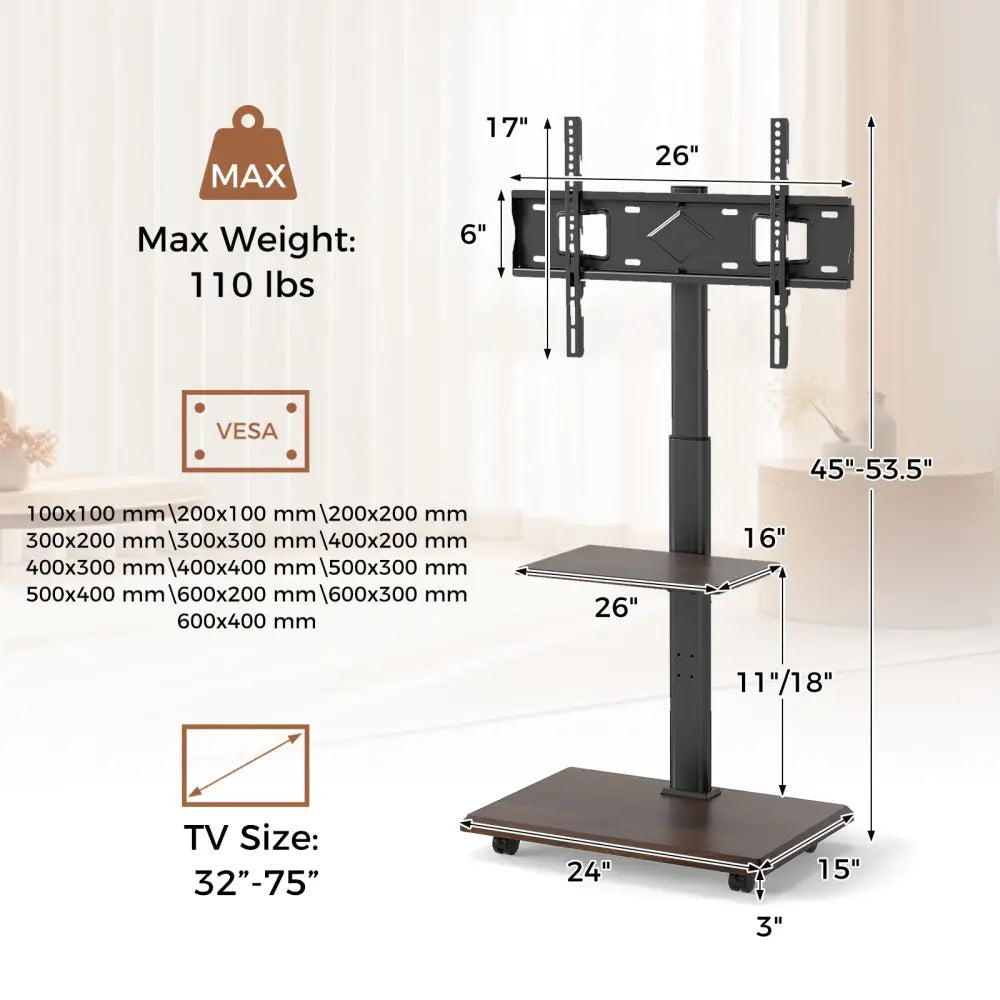 Rolling TV Stand on Wheels Mobile TV Cart for 32-75 Inch TVs Portable AV Cart-Black - Black - Entertainment Centers &