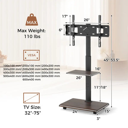 Rolling TV Stand on Wheels Mobile TV Cart for 32-75 Inch TVs Portable AV Cart-Black - Black - Entertainment Centers &