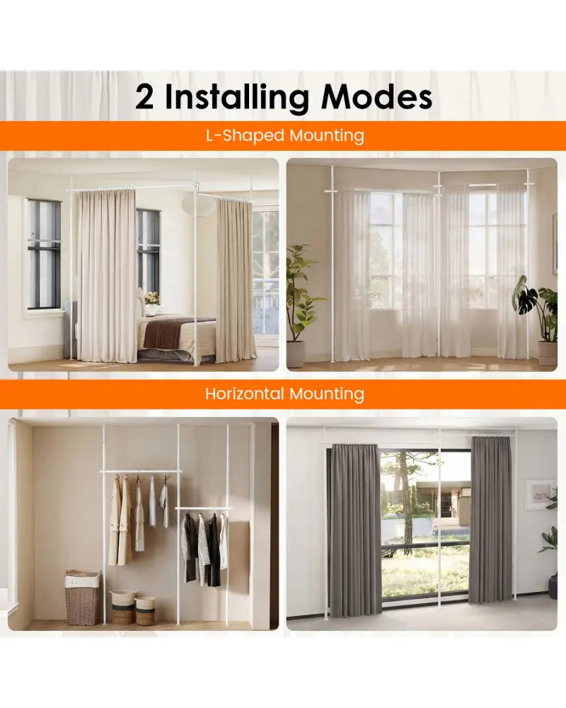 Room Divider Curtain Rod with Adjustable Floor to Ceiling Tension Rod (Curtains Not Included)-White - White - Room