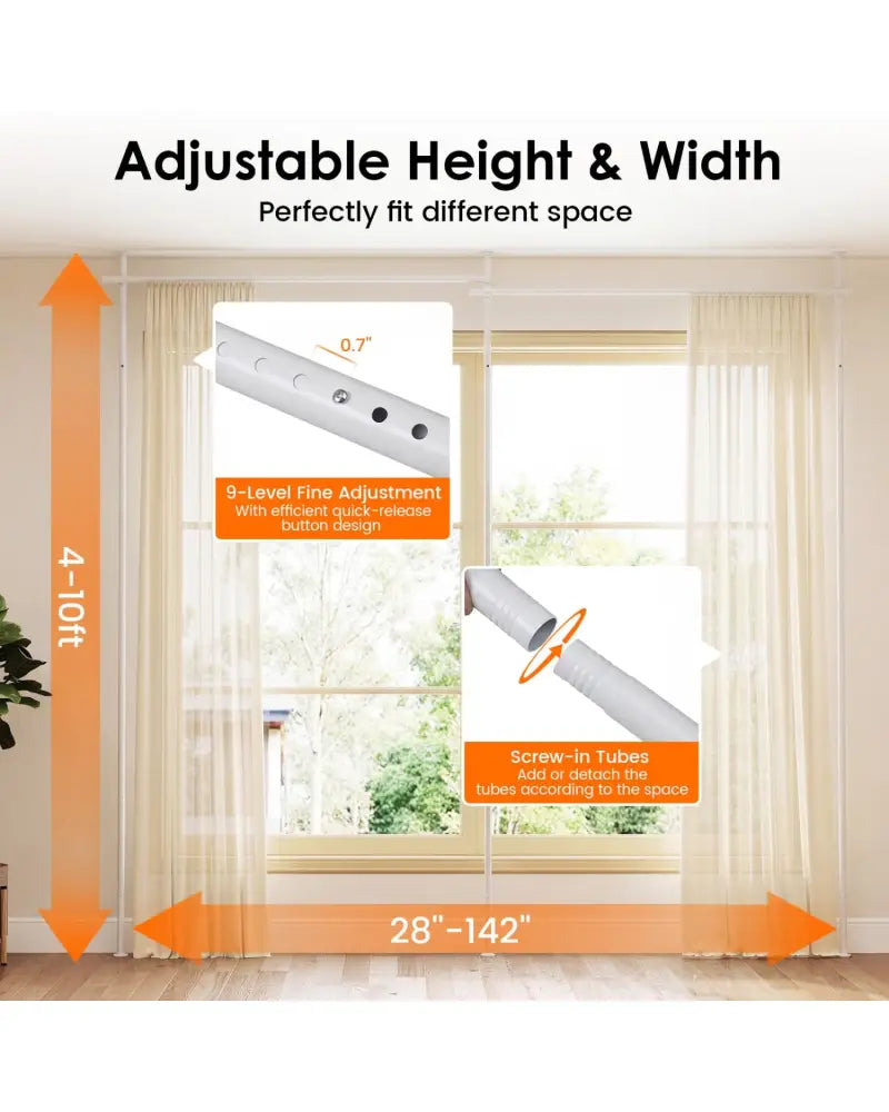 Room Divider Curtain Rod with Adjustable Floor to Ceiling Tension Rod (Curtains Not Included)-White - White - Room