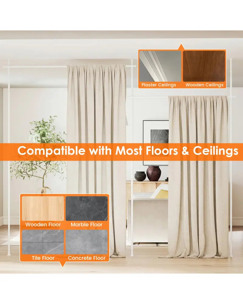 Room Divider Curtain Rod with Adjustable Floor to Ceiling Tension Rod (Curtains Not Included)-White - White - Room