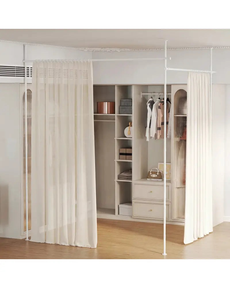 Room Divider Curtain Rod with Adjustable Floor to Ceiling Tension Rod (Curtains Not Included)-White - White - Room