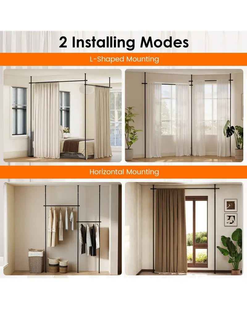 Room Divider Curtain Rod with Adjustable Floor to Ceiling Tension Rod (Curtains Not Included)-Black - Black - Room
