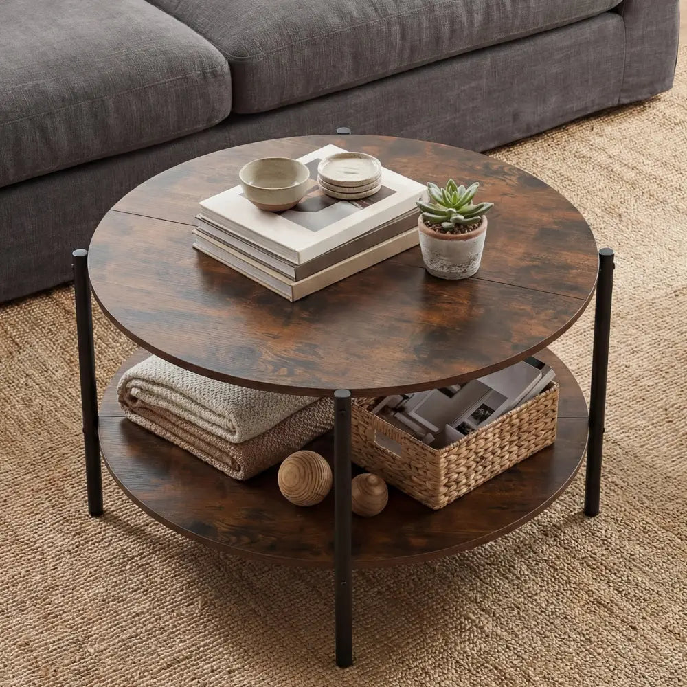 Round Coffee Table 2-Tier Industrial Accent Table with Open Storage Shelf-Rustic Brown - Rustic Brown - Coffee Tables