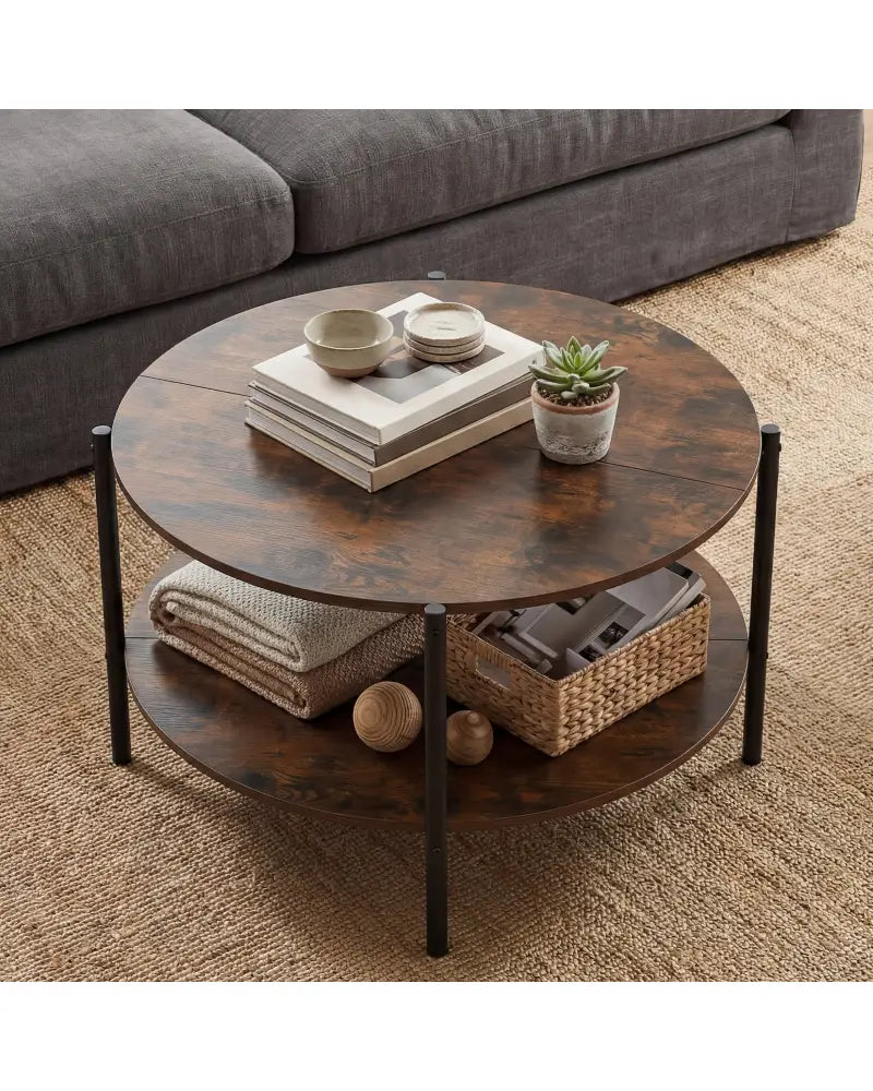 Round Coffee Table 2-Tier Industrial Accent Table with Open Storage Shelf-Rustic Brown - Rustic Brown - Coffee Tables