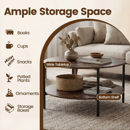 Round Coffee Table 2-Tier Industrial Accent Table with Open Storage Shelf-Rustic Brown - Rustic Brown - Coffee Tables