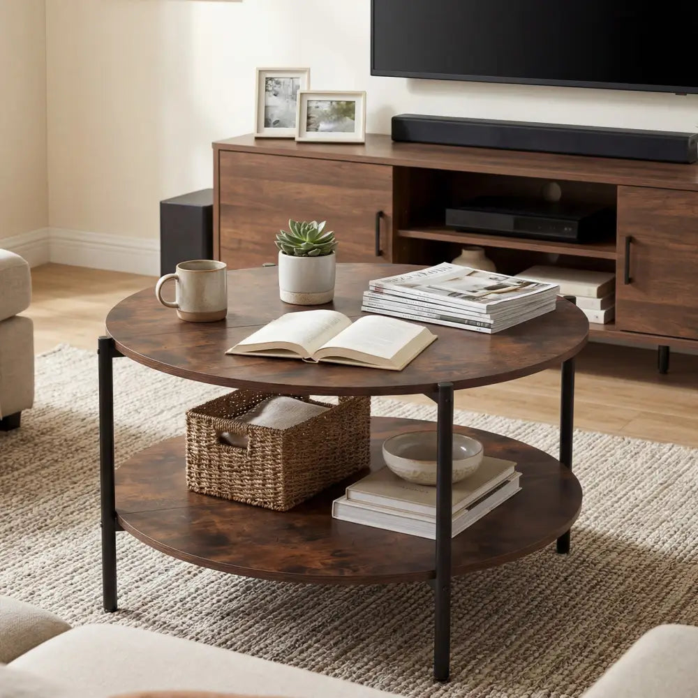 Round Coffee Table 2-Tier Industrial Accent Table with Open Storage Shelf-Rustic Brown - Rustic Brown - Coffee Tables
