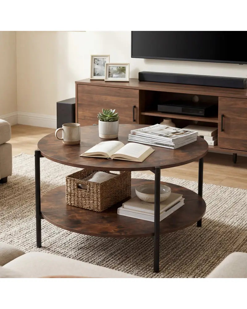 Round Coffee Table 2-Tier Industrial Accent Table with Open Storage Shelf-Rustic Brown - Rustic Brown - Coffee Tables