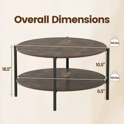 Round Coffee Table 2-Tier Industrial Accent Table with Open Storage Shelf-Rustic Brown - Rustic Brown - Coffee Tables
