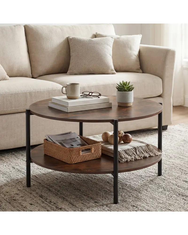 Round Coffee Table 2-Tier Industrial Accent Table with Open Storage Shelf-Rustic Brown - Rustic Brown - Coffee Tables