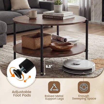 Round Coffee Table 2-Tier Industrial Accent Table with Open Storage Shelf-Rustic Brown - Rustic Brown - Coffee Tables